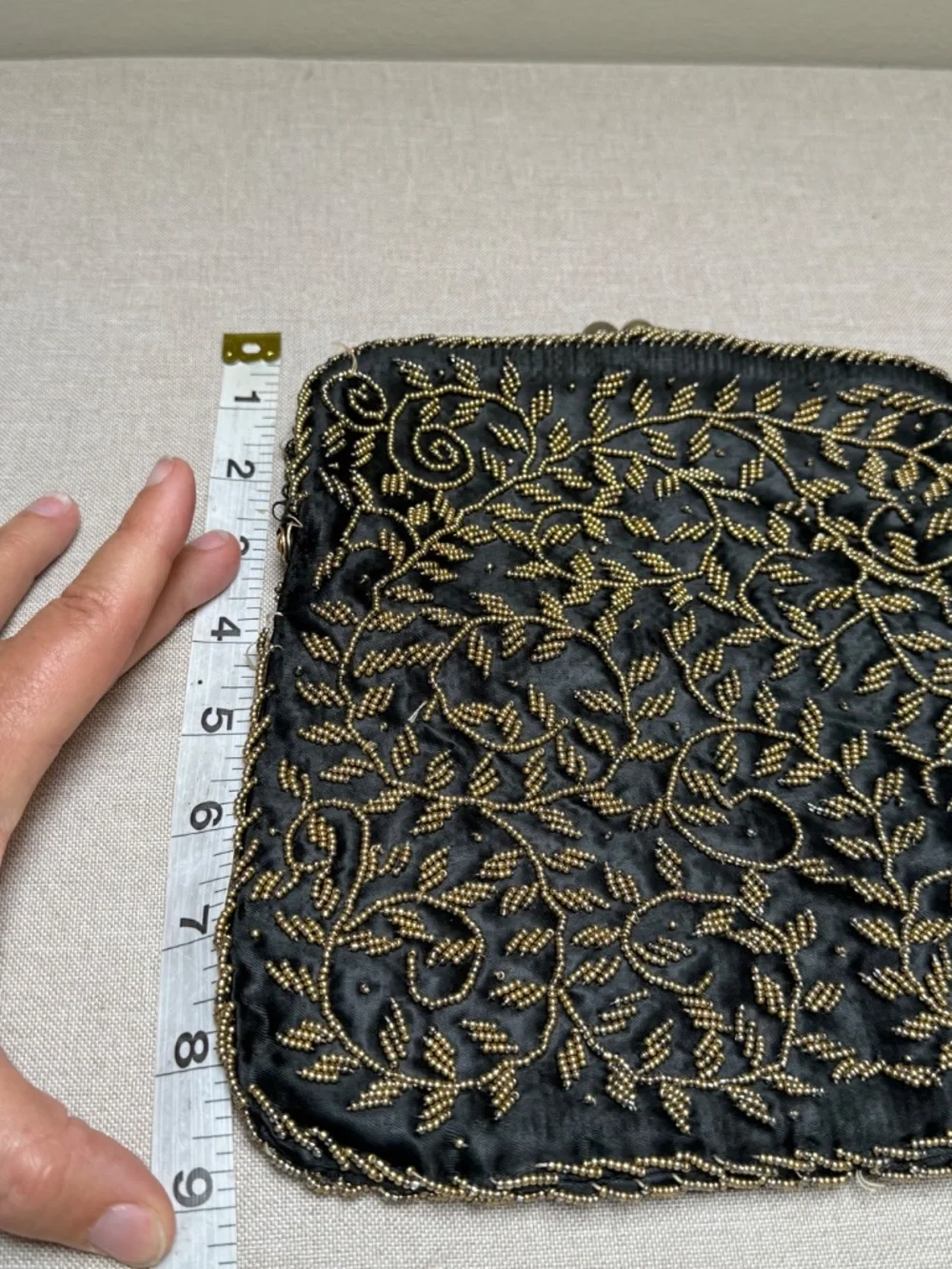 Vintage Hong Kong Victorian Style Black and Gold Beaded Clutch Formal Evening